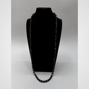 Vintage Jet Black Faceted Glass Beaded Necklace 30" Opera Heavy Sparkle Dark